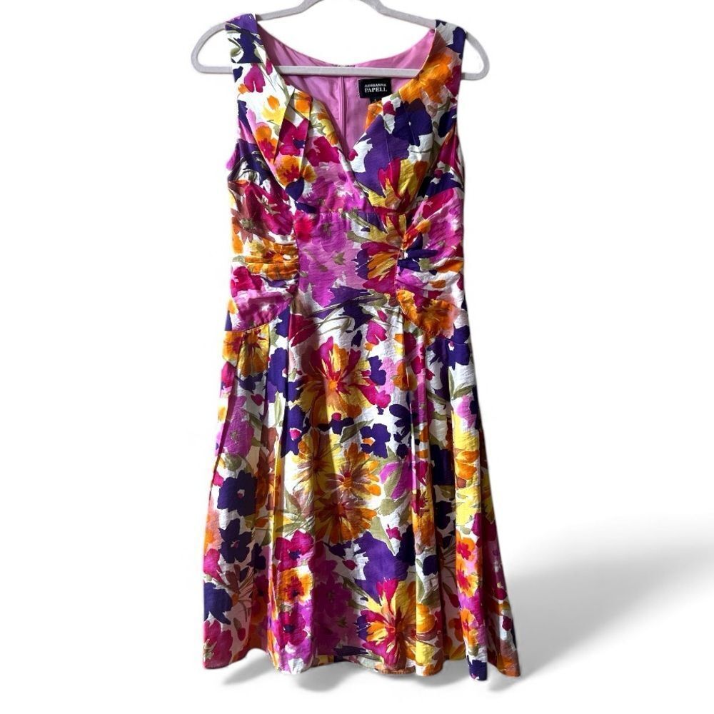 Adrianna Papell Floral Dress Sz 6 Floral Ruched Fit and Flare Lined Cocktail